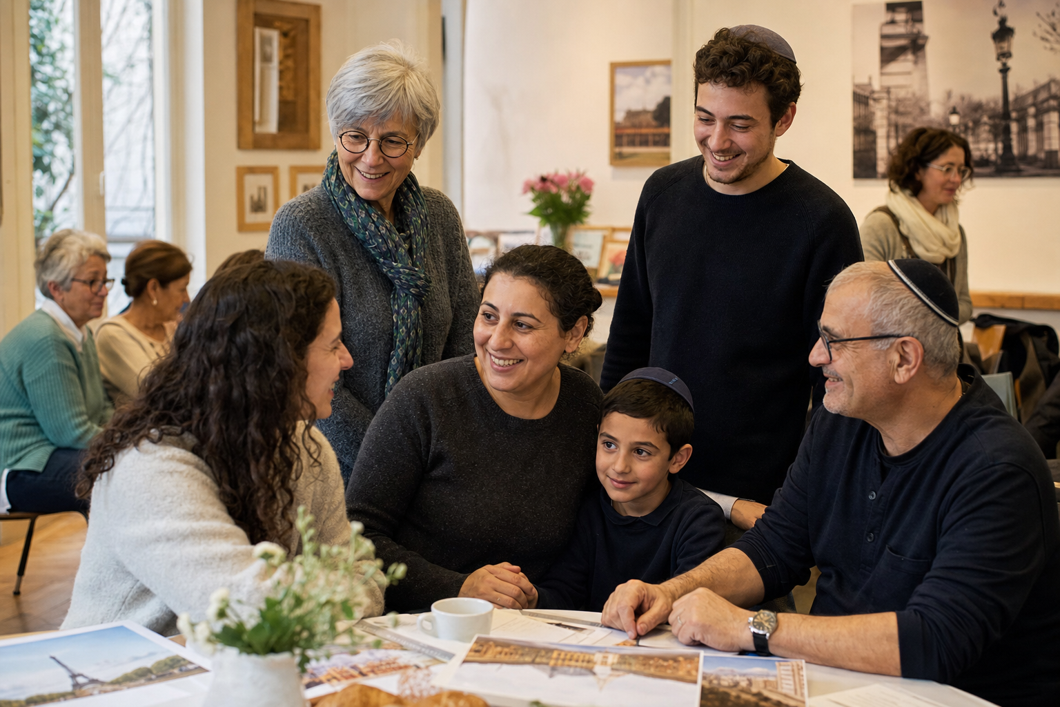 Families and volunteers at a community welcome meeting