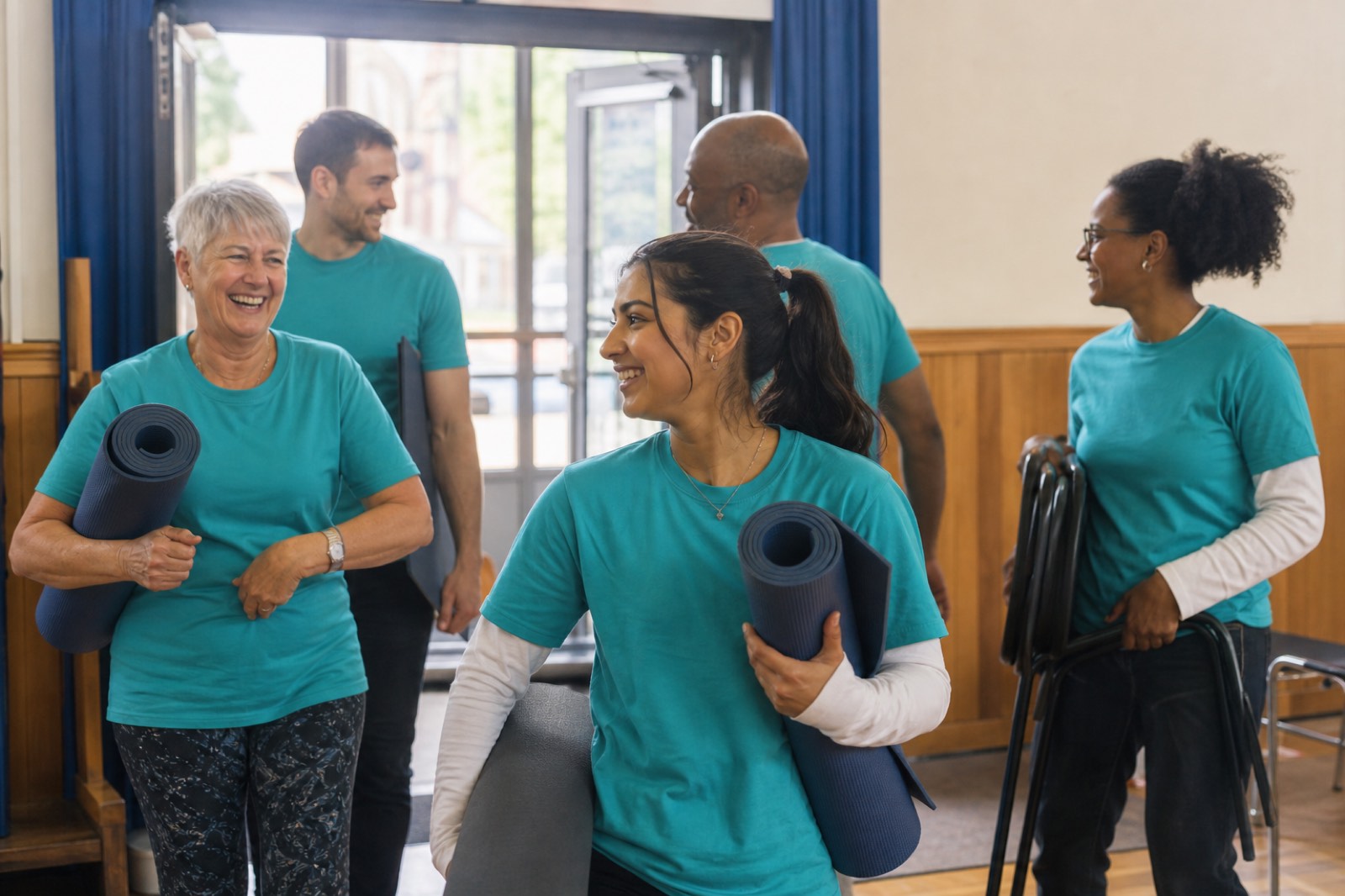 Fafa Training volunteers in teal t-shirts setting up a seniors sport session