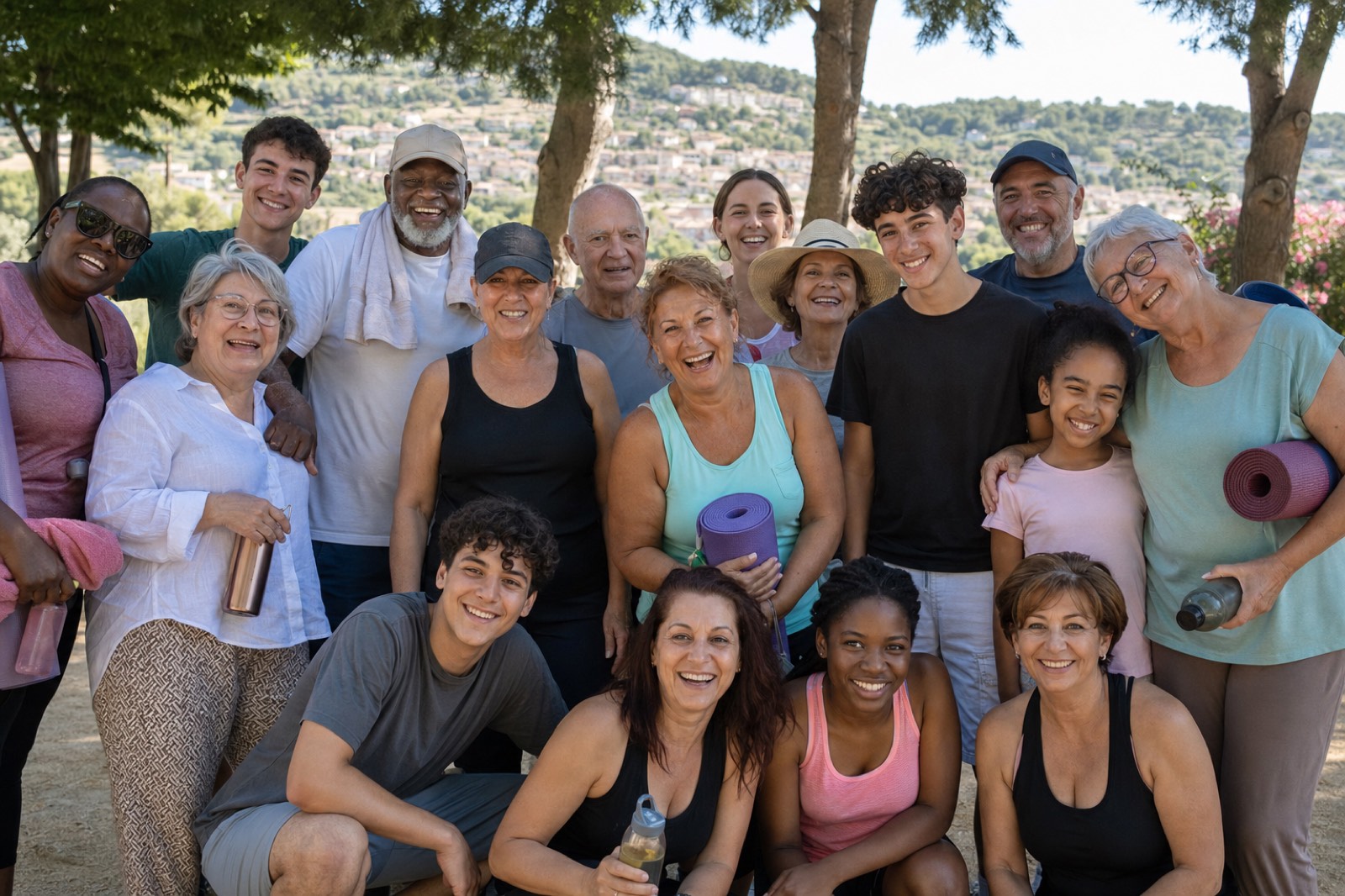 An intergenerational group smiling together after an outdoor sport event