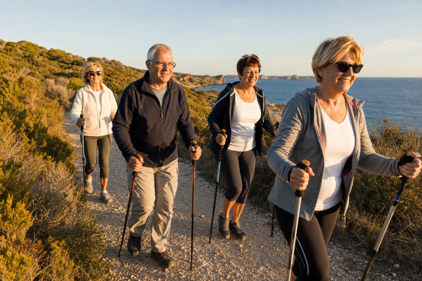 A group of seniors Nordic walking by the sea at sunset